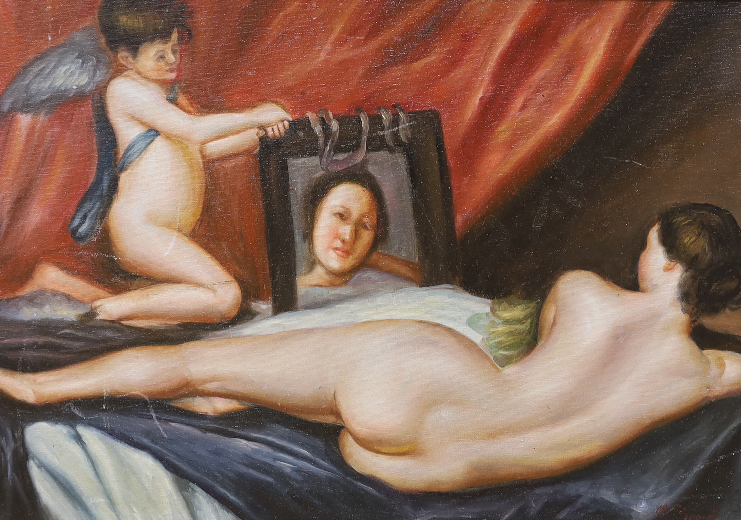 After Diego Velazquez (Spanish, 1599-1660), oil on board, Study of a nude female and cherub, 37 x 53cm